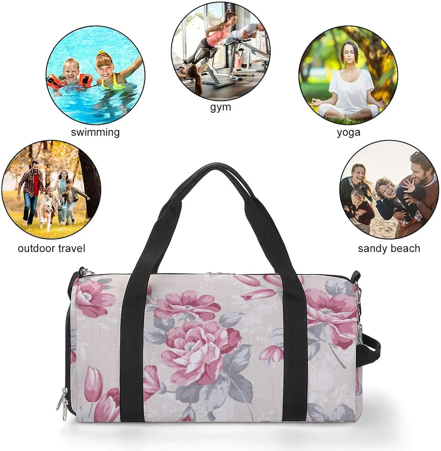 Intense Red Color Rose Pattern Sports Tote Gym Bag for Women Men, Overnight Bag with Shoe Compartment Water Resistant
