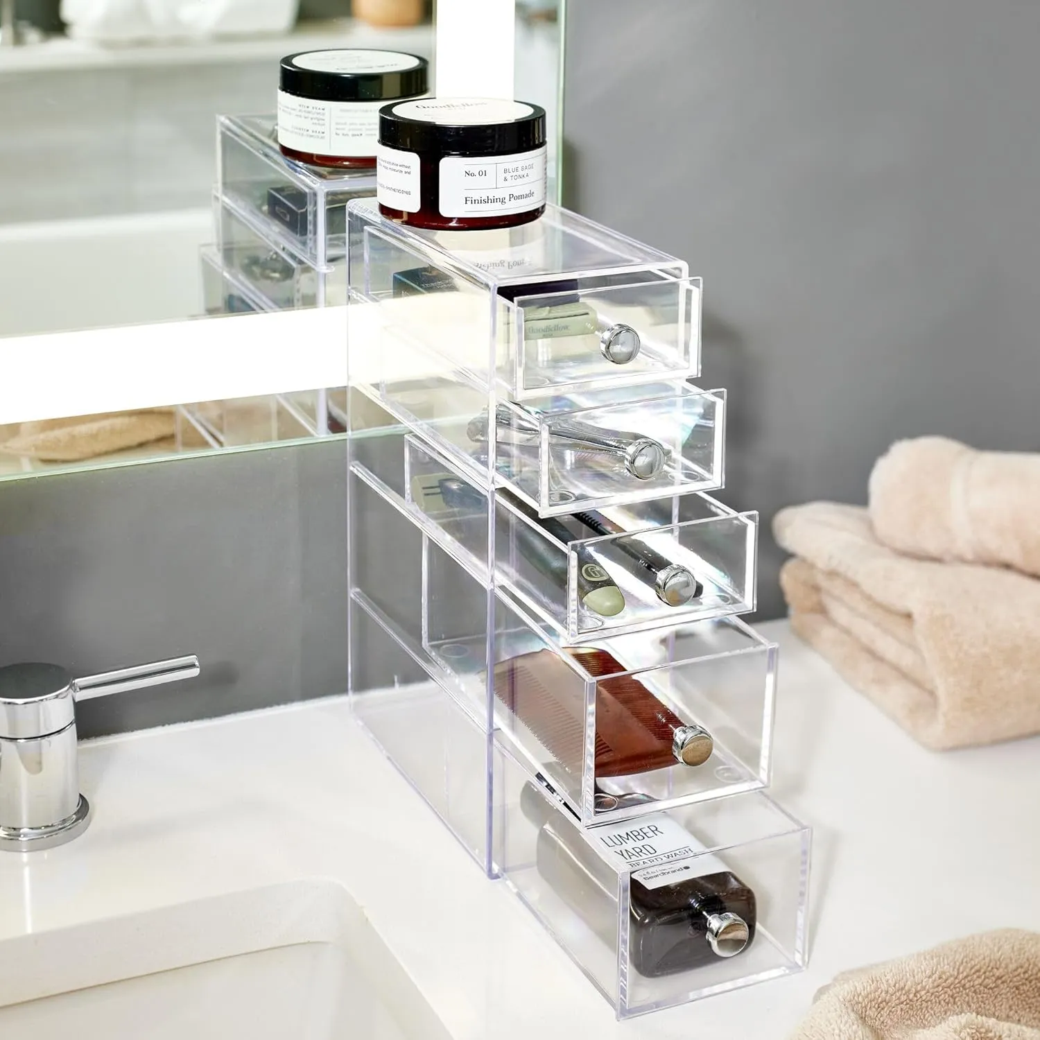 InterDesign iDesign Stackable Makeup Organizer for Bathroom Countertop or Vanity-Set of 2-Clear Tower-5 Drawer M2