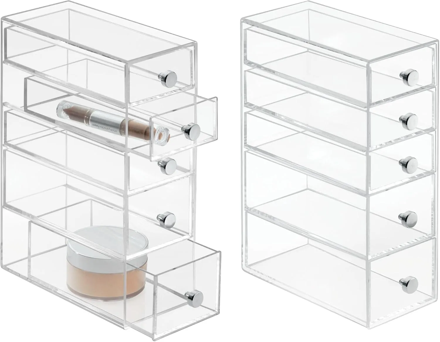 InterDesign iDesign Stackable Makeup Organizer for Bathroom Countertop or Vanity-Set of 2-Clear Tower-5 Drawer M2