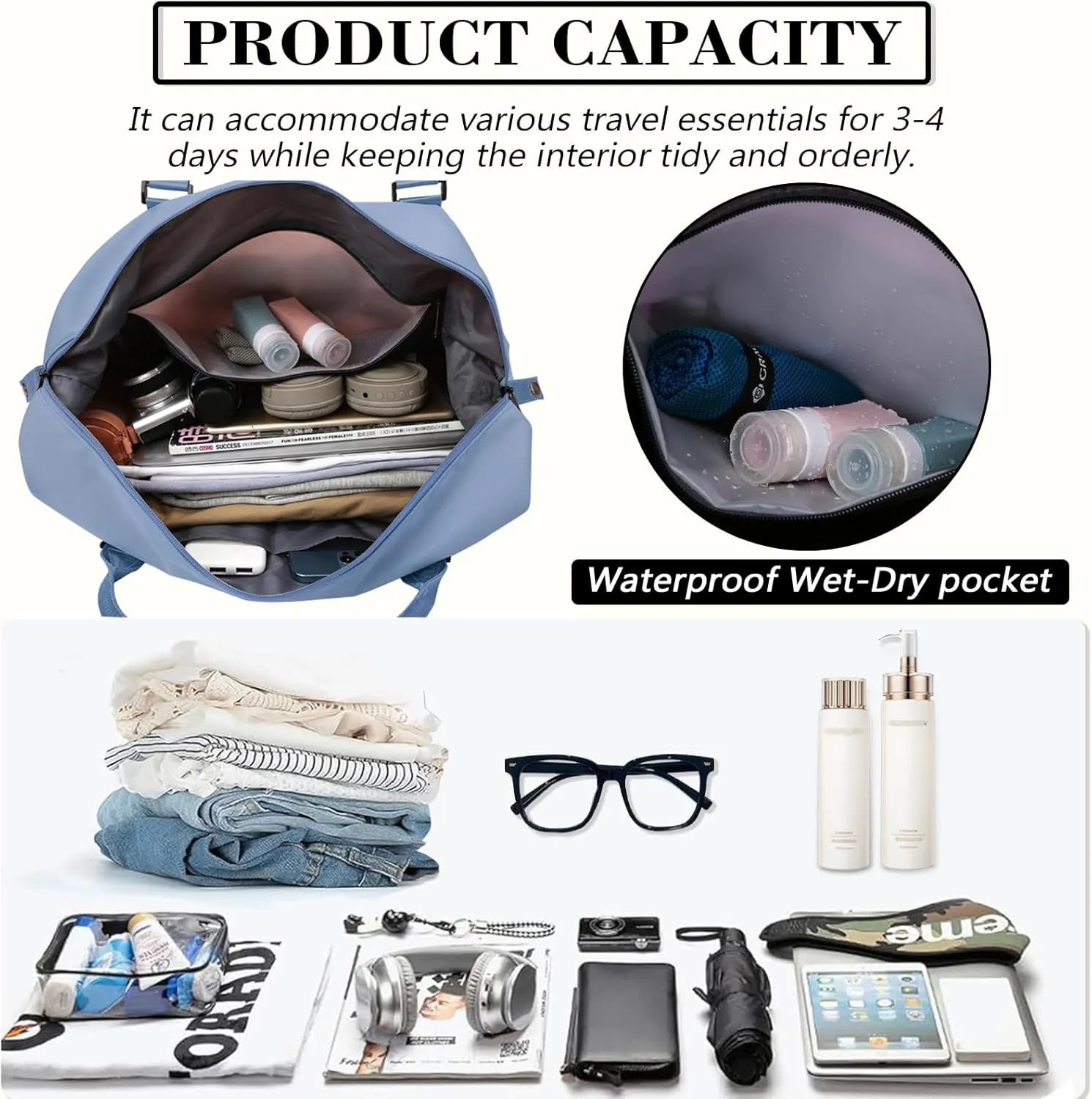 INVODA Travel Duffel Bag Sports Tote Gym Bag Shoulder Weekender Overnight Bag Carry on Travel Bag for Women (Blue)