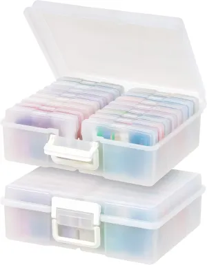IRIS USA 4" x 6" Photo Storage Box Craft Keeper, 2-Pack, Handle Container with 16 Organization Cases for Pictures, Crafts, Scrapbooking, Stationery Storage and Organization, Pearl