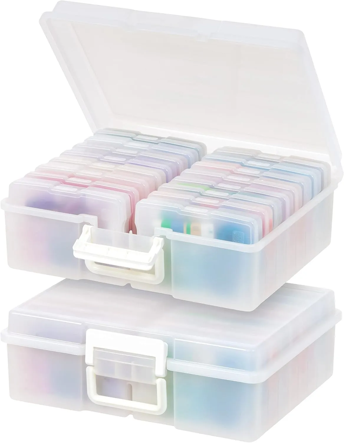 IRIS USA 4" x 6" Photo Storage Box Craft Keeper, 2-Pack, Handle Container with 16 Organization Cases for Pictures, Crafts, Scrapbooking, Stationery Storage and Organization, Pearl