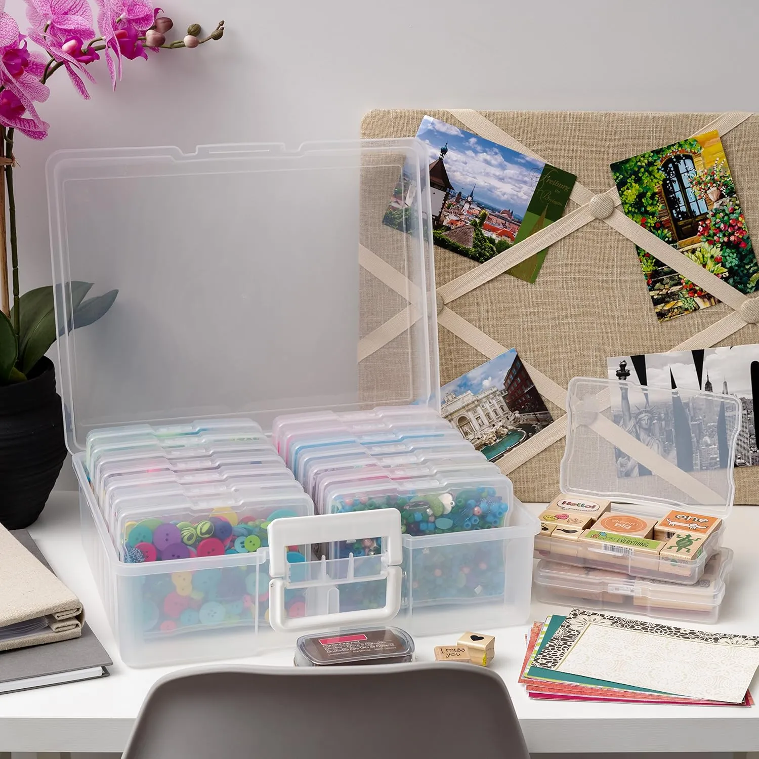 IRIS USA 4" x 6" Photo Storage Box Craft Keeper, 2-Pack, Transparent Handle Container with 16 Organization Cases for Pictures, Crafts, Scrapbooking, Stationery Storage and Organization, Clear