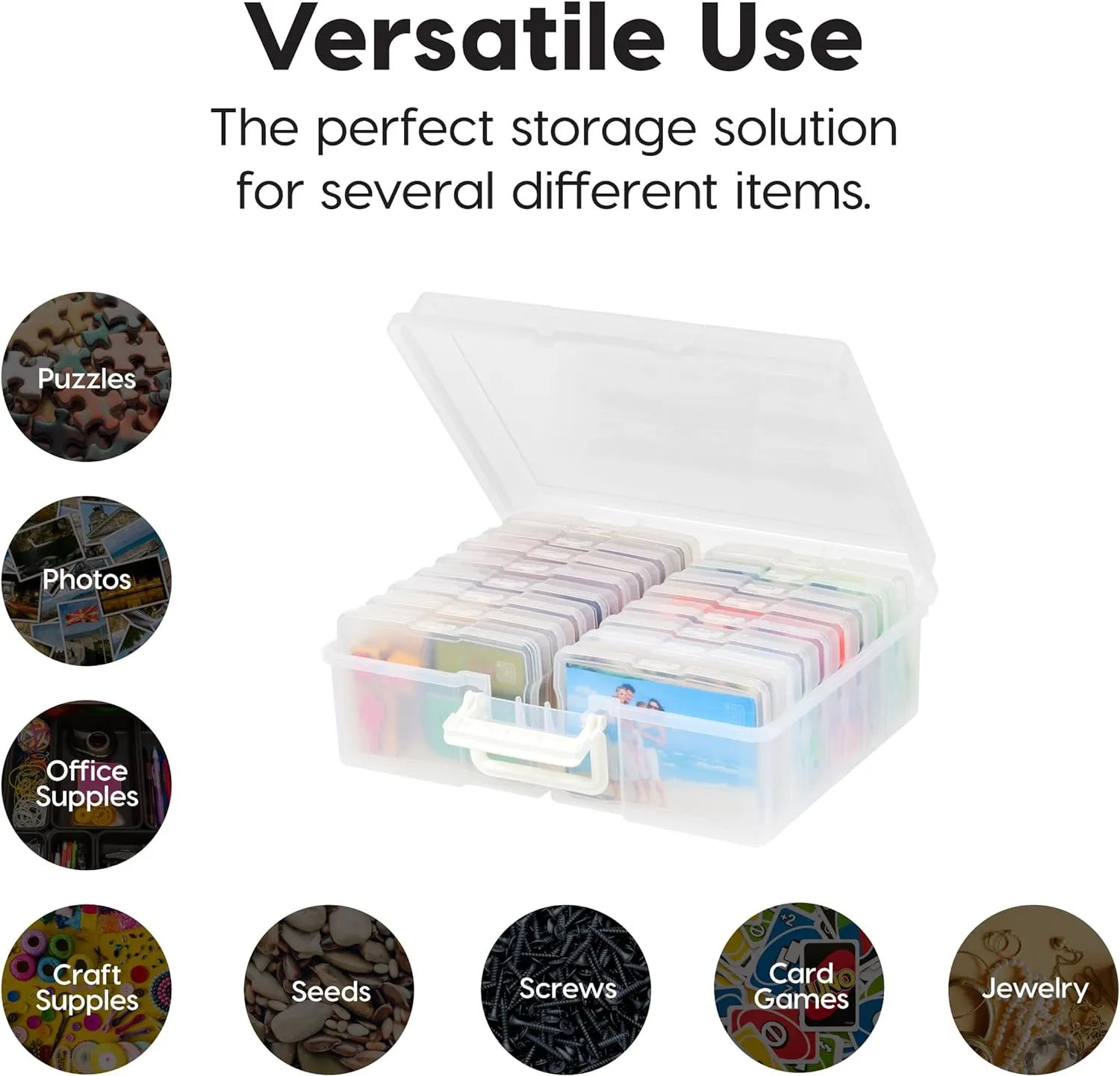 IRIS USA 4" x 6" Photo Storage Box Craft Keeper, 2-Pack, Transparent Handle Container with 16 Organization Cases for Pictures, Crafts, Scrapbooking, Stationery Storage and Organization, Clear