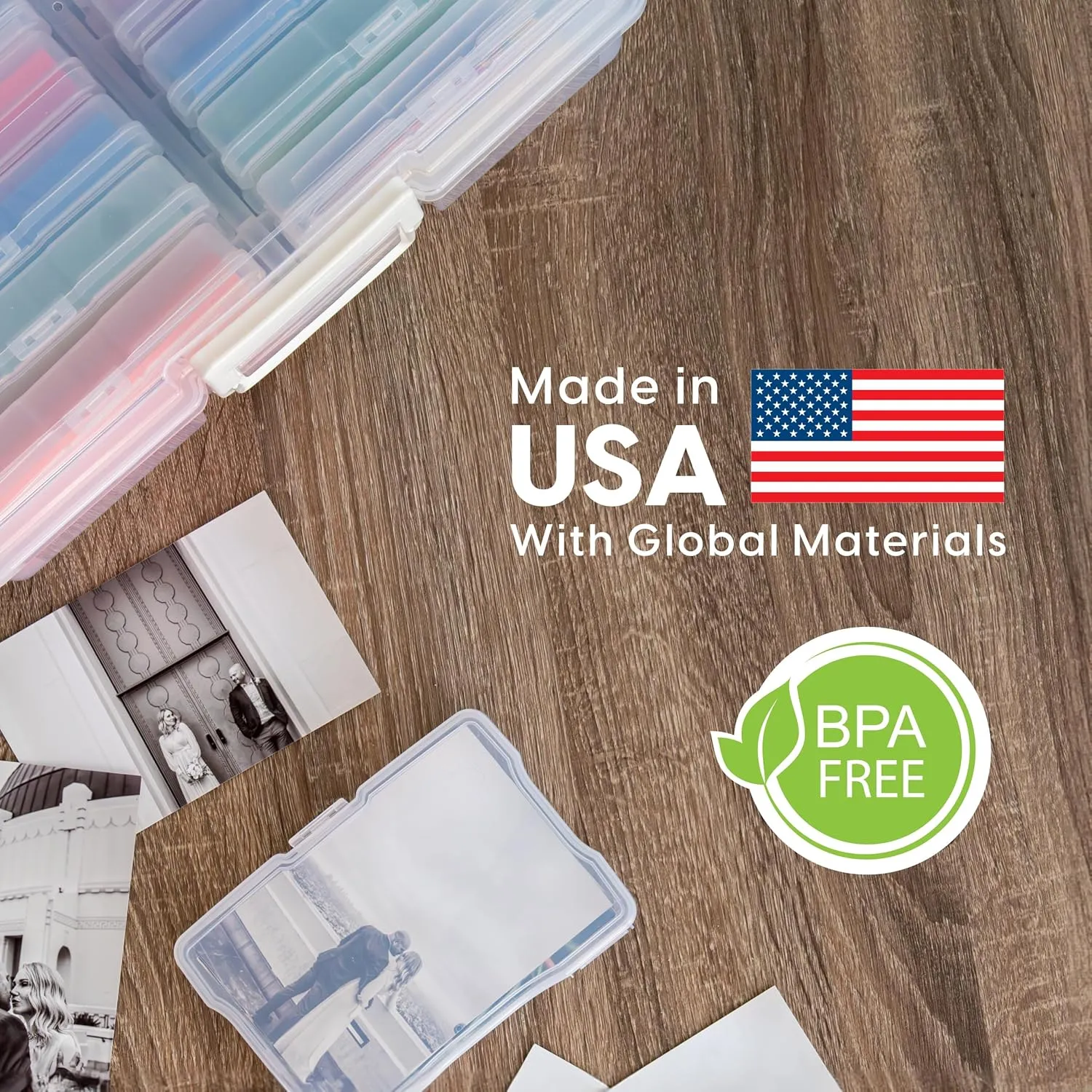 IRIS USA 4" x 6" Photo Storage Box Craft Keeper, 2-Pack, Transparent Handle Container with 16 Organization Cases for Pictures, Crafts, Scrapbooking, Stationery Storage and Organization, Clear