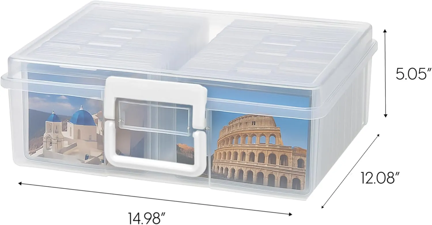 IRIS USA 4" x 6" Photo Storage Box Craft Keeper, 2-Pack, Transparent Handle Container with 16 Organization Cases for Pictures, Crafts, Scrapbooking, Stationery Storage and Organization, Clear