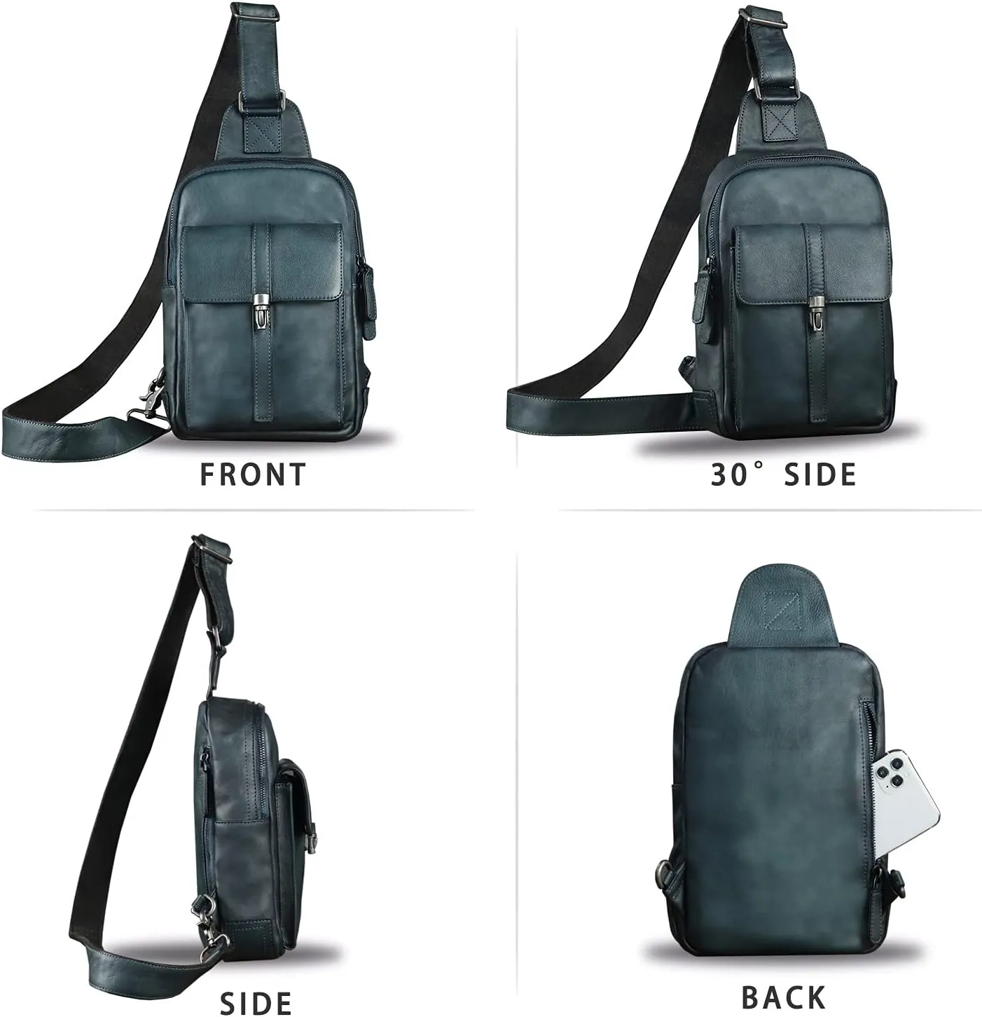IVTG Genuine Leather Sling Bag Casual Shoulder Hiking Backpack Vintage Handmade Crossbody Bag Retro Chest Daypack (NavyBlue)