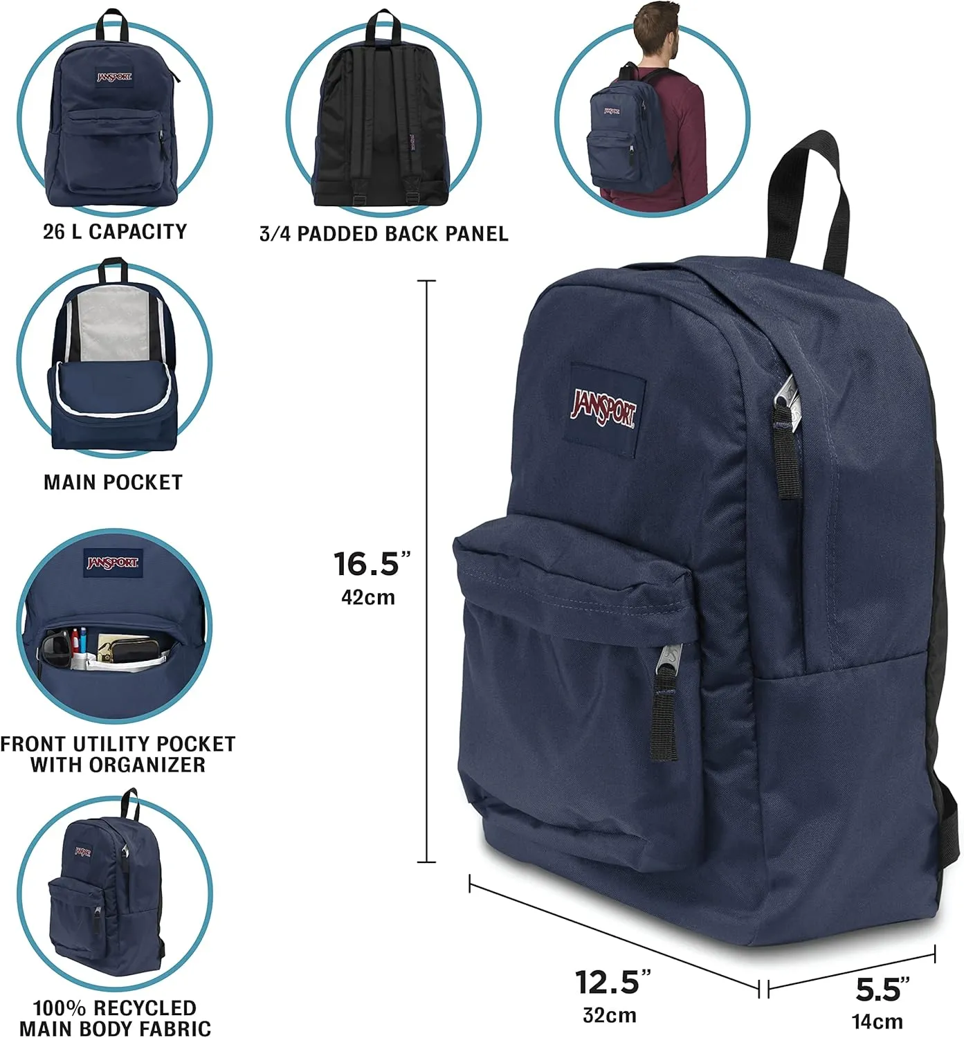 JanSport SuperBreak One Backpacks - Durable, Lightweight Bag with 1 Main Compartment, Front Utility Pocket with Built-in Organizer - Premium Backpack - Blue Dusk