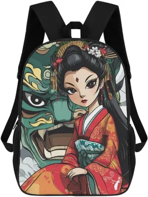 Japanese Geisha Ghost Mask Printed 17 Inch Shoulder Backpack Fashion Laptop Bag Travel Daypack for Camping Hiking