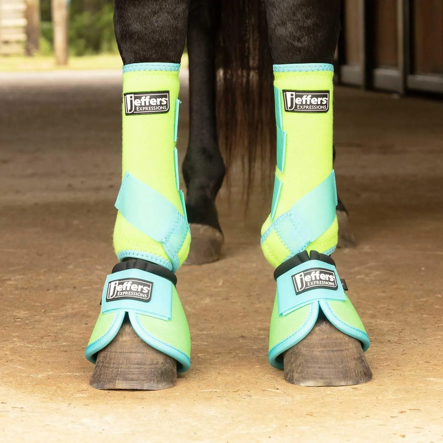 Jeffers Expression Neon Horse Boots, 1 Pair - Lime & Turquoise, Breathable Neoprene, Secure Velcro Straps, Durable Premium Protection for Jump Training & Trail Riding - Front & Hind, Small Size