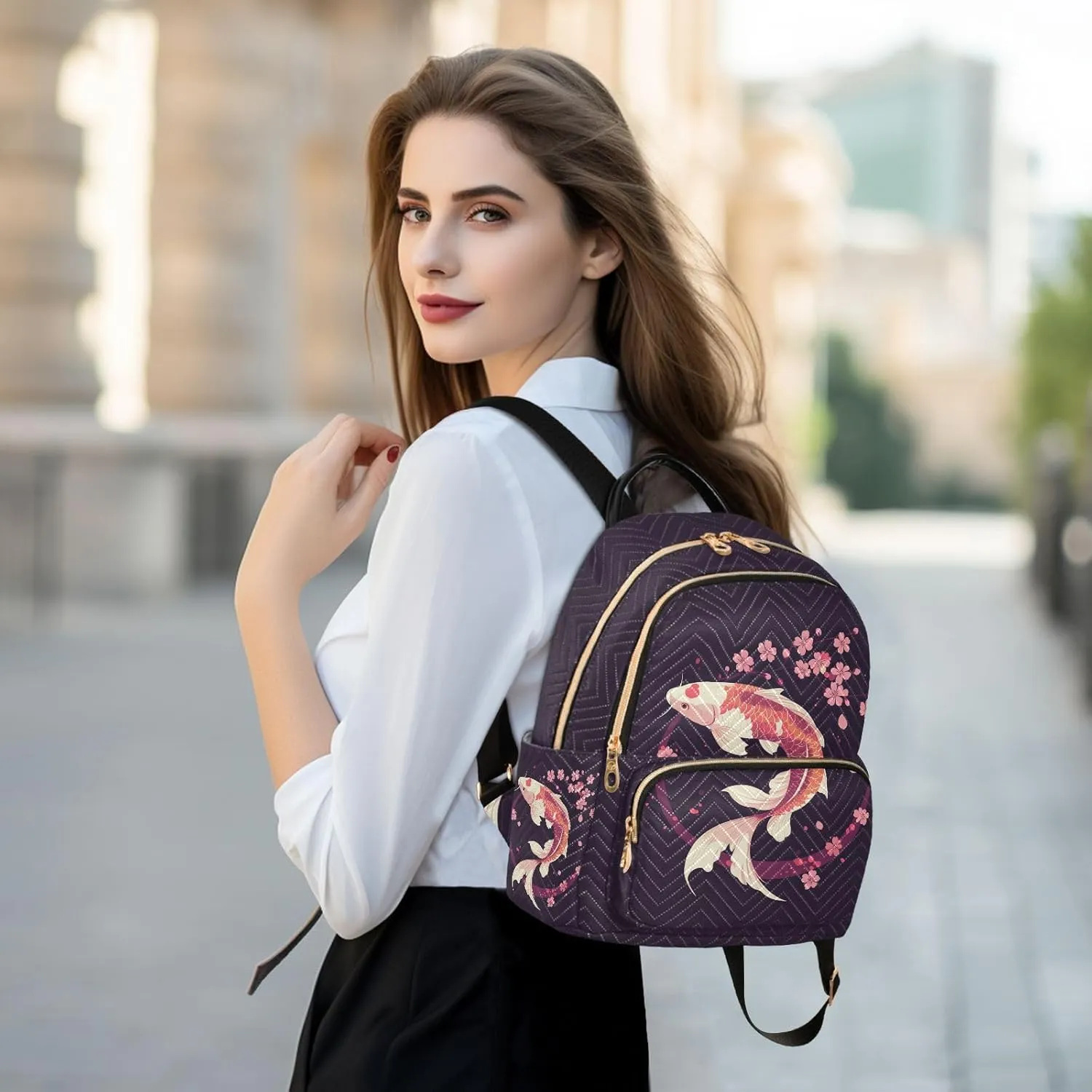 JIPONI Oriental Style Koi Small Backpack for Women, Travel Purse Back Pack, Casual Daypack, Lightweight Bag-S