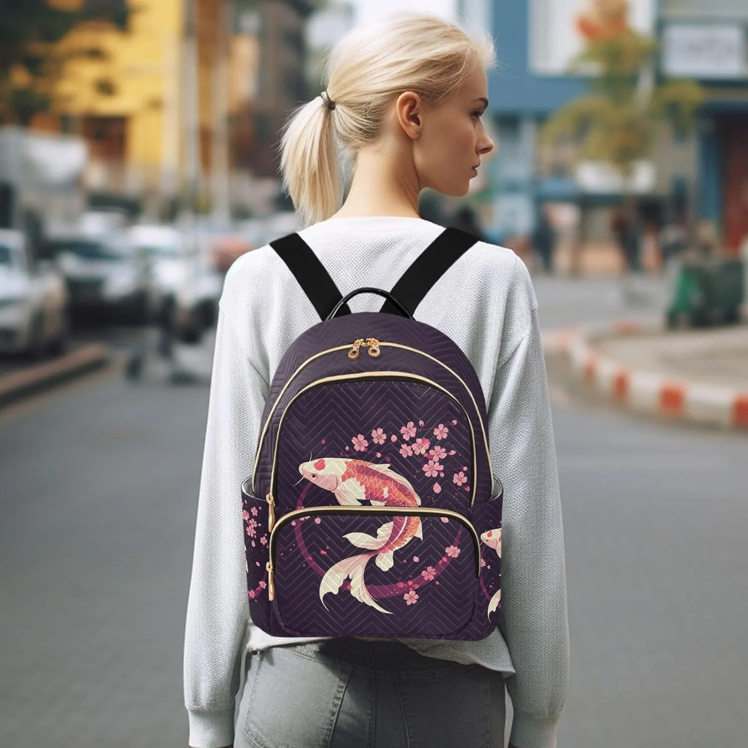JIPONI Oriental Style Koi Small Backpack for Women, Travel Purse Back Pack, Casual Daypack, Lightweight Bag-S