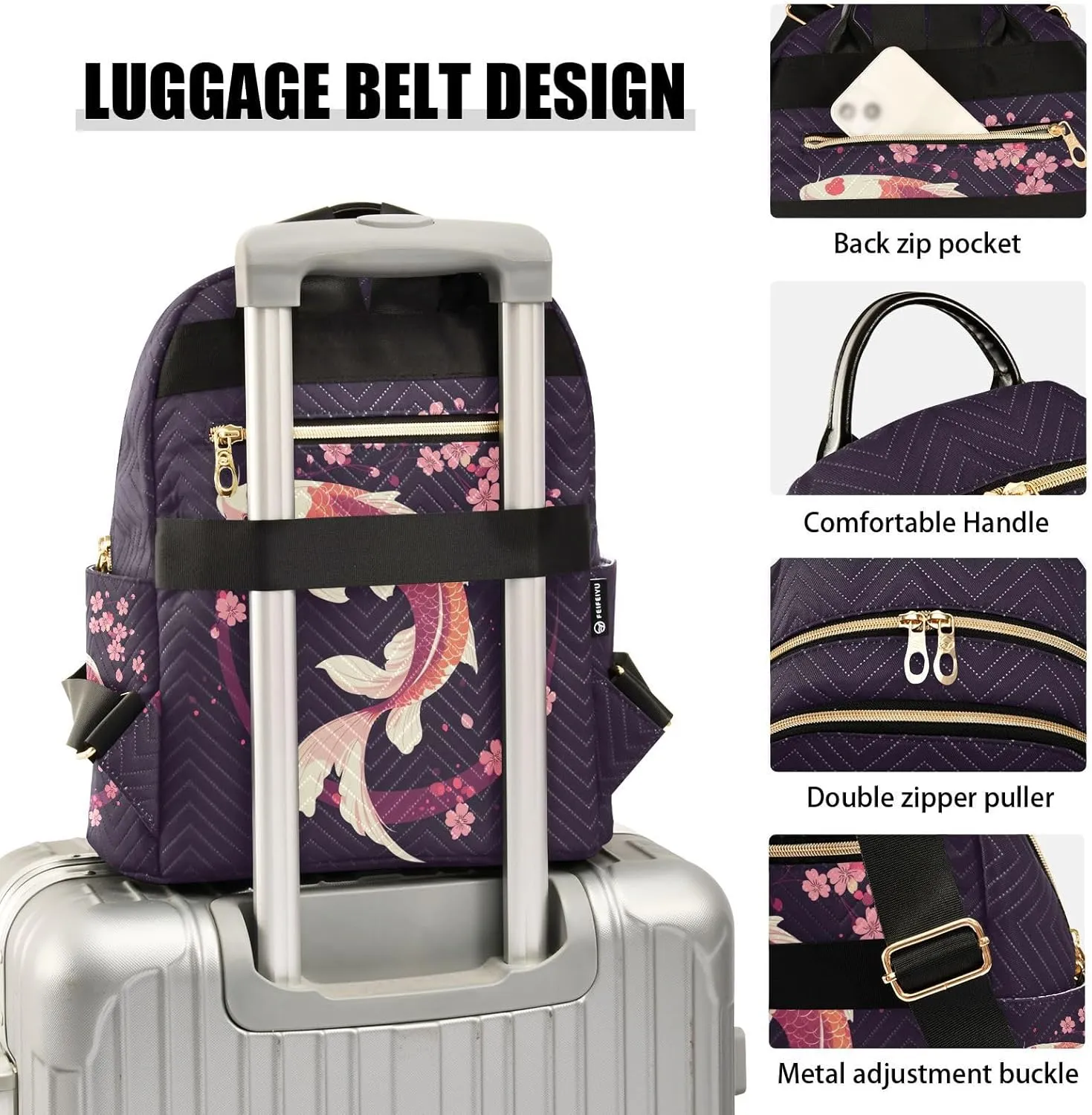 JIPONI Oriental Style Koi Small Backpack for Women, Travel Purse Back Pack, Casual Daypack, Lightweight Bag-S