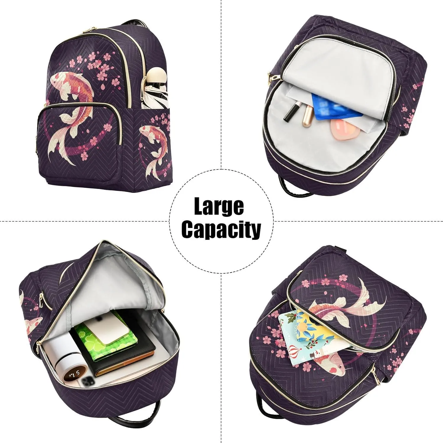 JIPONI Oriental Style Koi Small Backpack for Women, Travel Purse Back Pack, Casual Daypack, Lightweight Bag-S