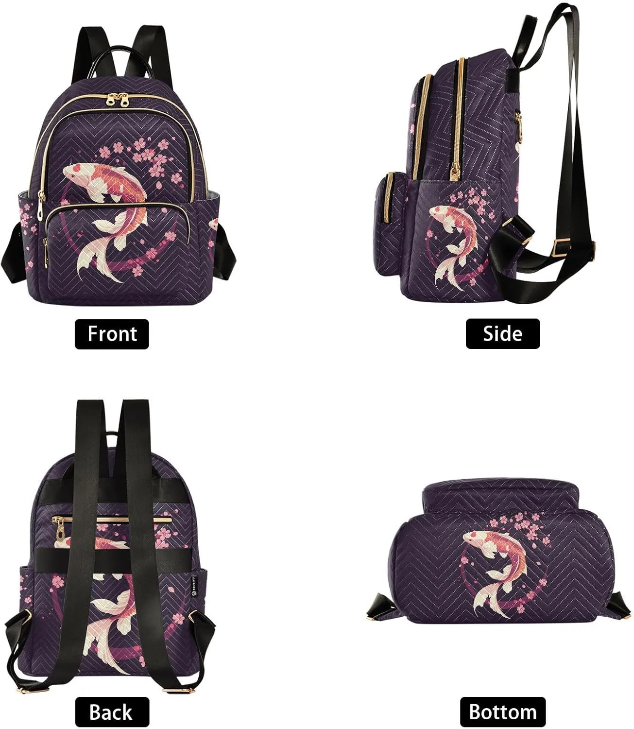 JIPONI Oriental Style Koi Small Backpack for Women, Travel Purse Back Pack, Casual Daypack, Lightweight Bag-S
