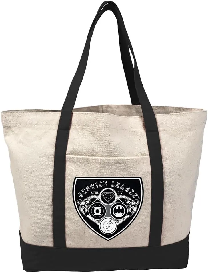 Justice League Athletic Shield Logo Tote Bag External Pocket, Reusable Shoulder Bag for Shopping, Beach, Royal Collection