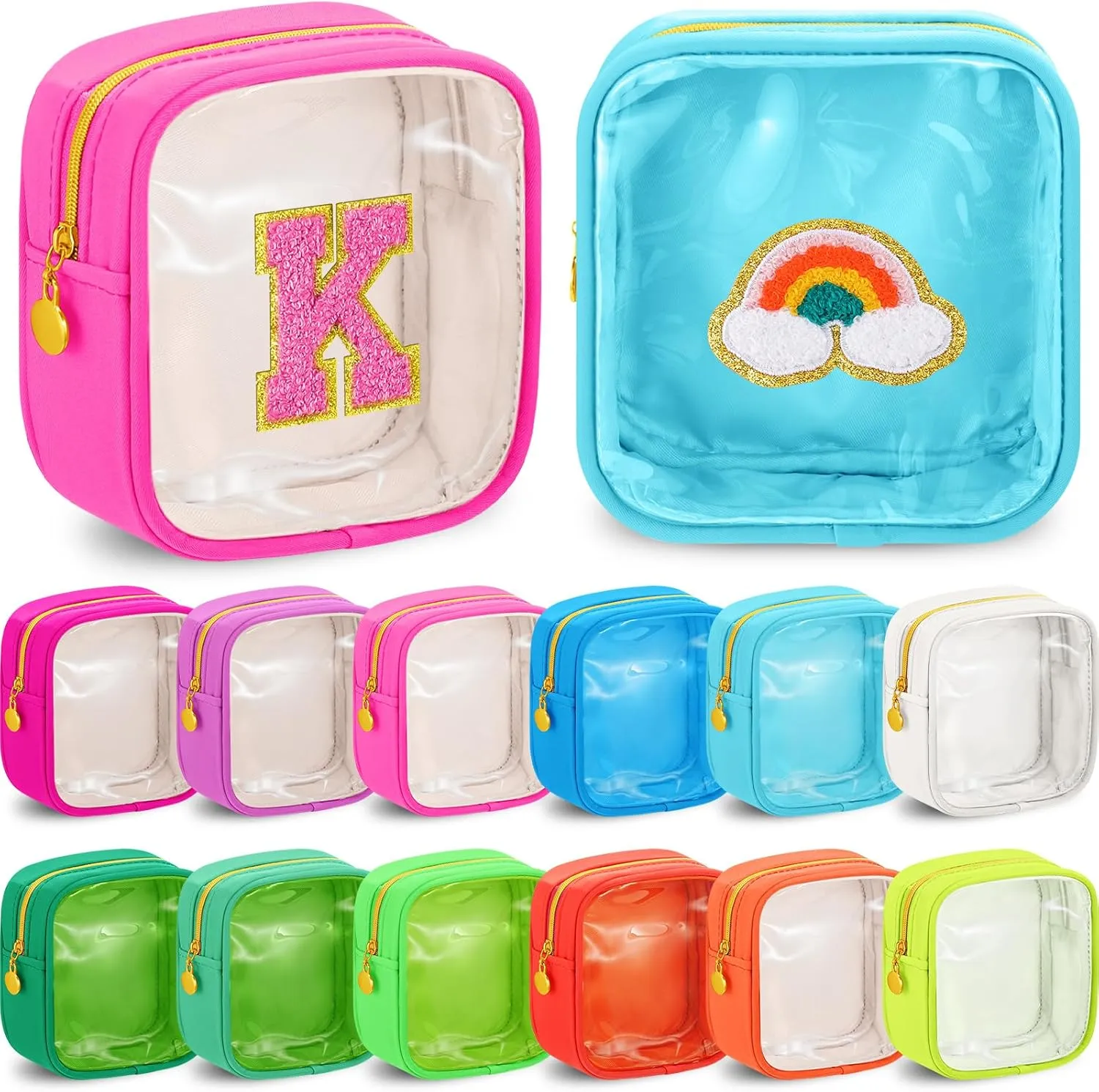 Kacctyen 12 Pcs Mini Makeup Bag Nylon Small Pouch for Purse Mini Square Nylon Pouch with Zipper Small Cosmetic Travel Makeup Bag Purse Organizer for Women (Neon Color,Translucent)