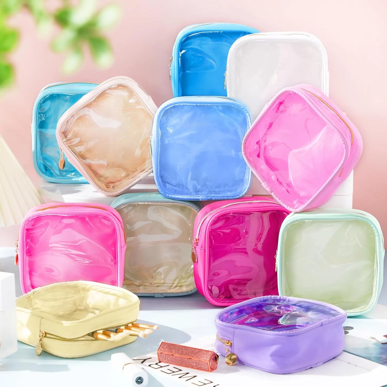 Kacctyen 12 Pcs Mini Makeup Bag Nylon Small Pouch for Purse Mini Square Nylon Pouch with Zipper Small Cosmetic Travel Makeup Bag Purse Organizer for Women(Elegant Color,Translucent)