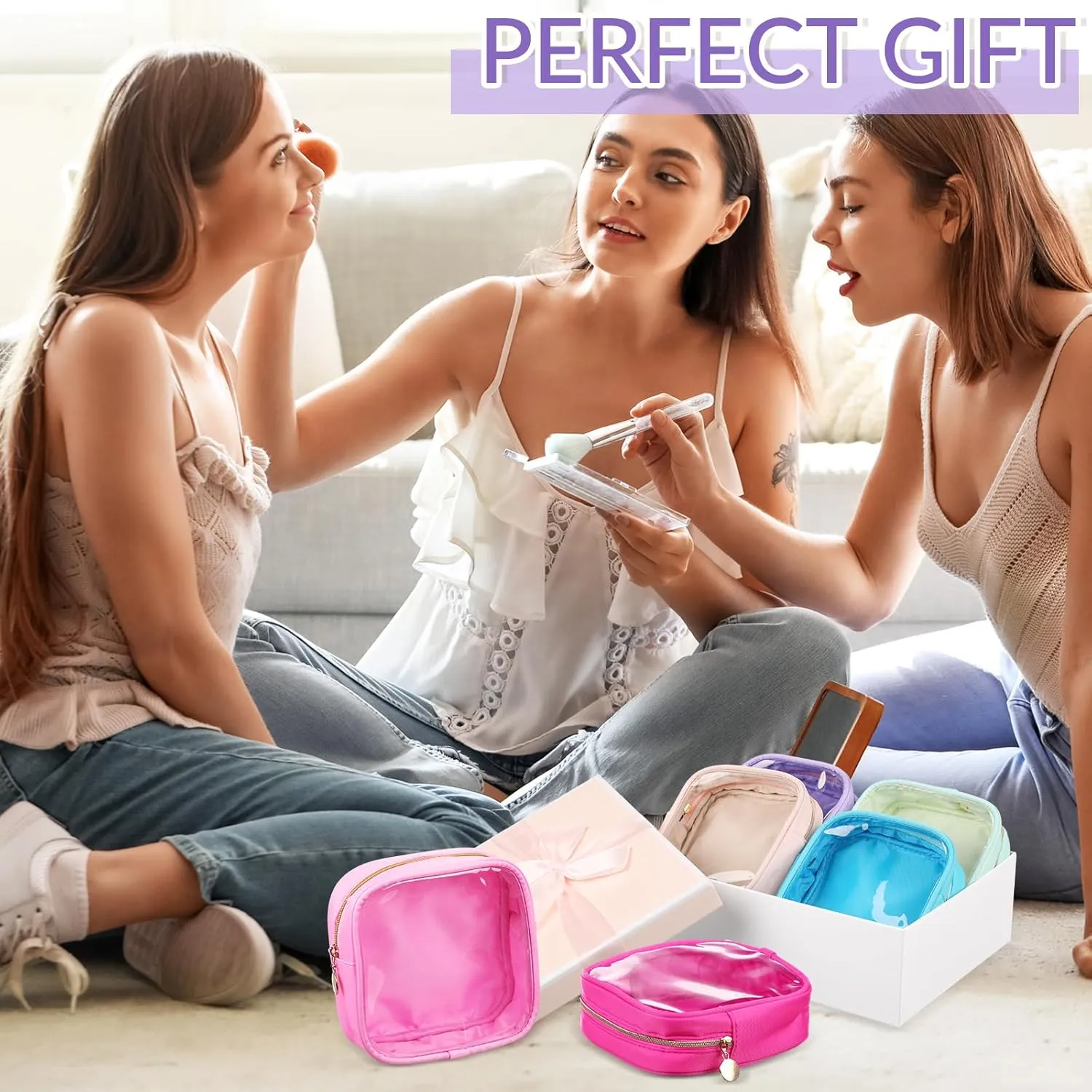Kacctyen 12 Pcs Mini Makeup Bag Nylon Small Pouch for Purse Mini Square Nylon Pouch with Zipper Small Cosmetic Travel Makeup Bag Purse Organizer for Women(Elegant Color,Translucent)
