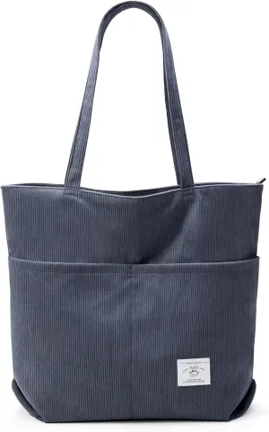 KALIDI Women Corduroy Tote Bag Zipper Casual Tote's Handbag Big Capacity Shoulder Bag with Pockets