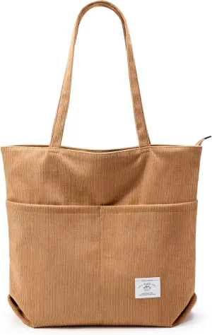 KALIDI Women Corduroy Tote Bag Zipper Casual Tote's Handbag Big Capacity Shoulder Bag with Pockets