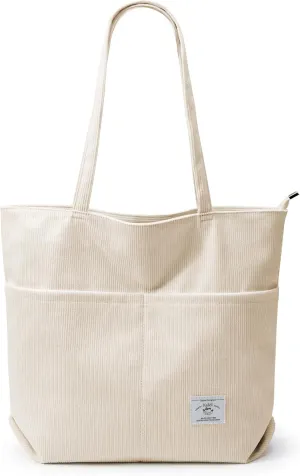 KALIDI Women Corduroy Tote Bag Zipper Casual Tote's Handbag Big Capacity Shoulder Bag with Pockets