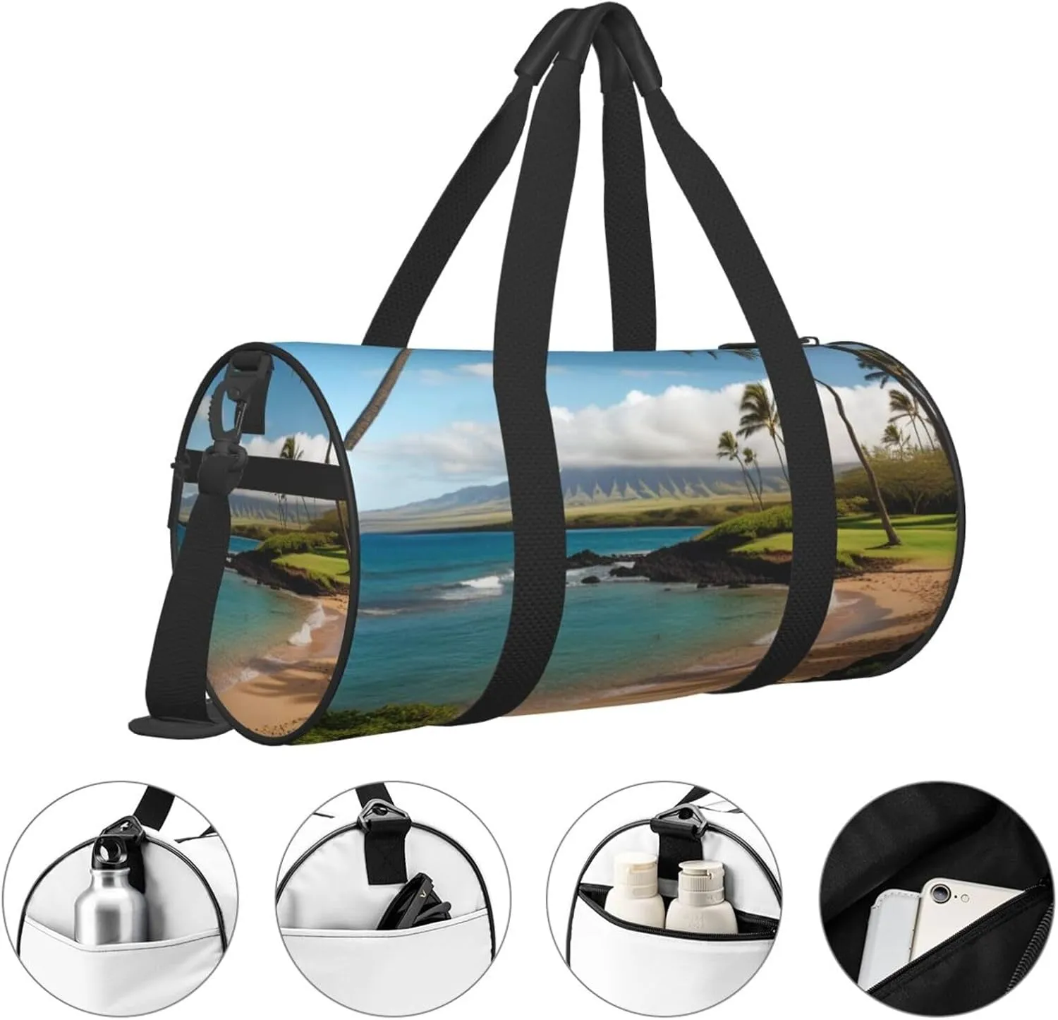 Kauai Hawaii Seashore Printed Travel Bag,Round Personal Item Storage bag,Foldie Duffel Bag for Traveling Vacation,Fitness,Sports