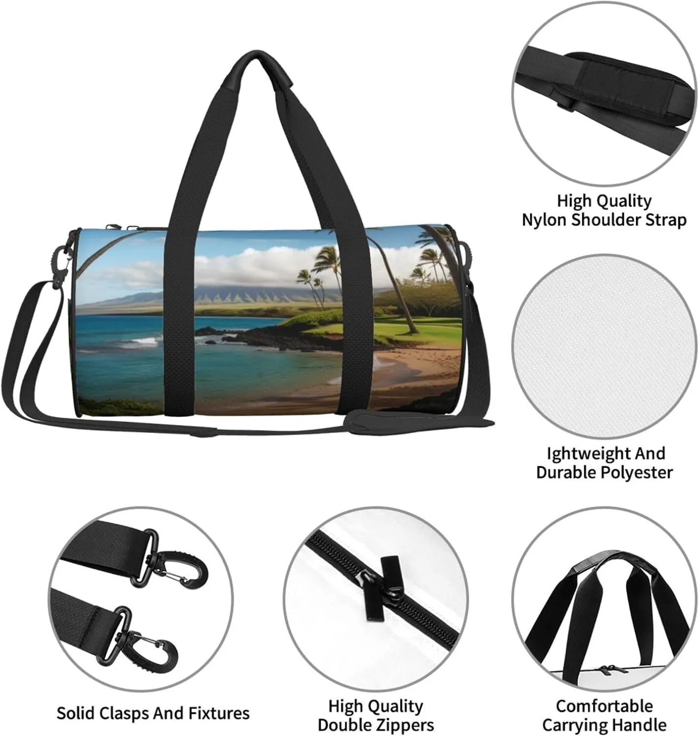 Kauai Hawaii Seashore Printed Travel Bag,Round Personal Item Storage bag,Foldie Duffel Bag for Traveling Vacation,Fitness,Sports