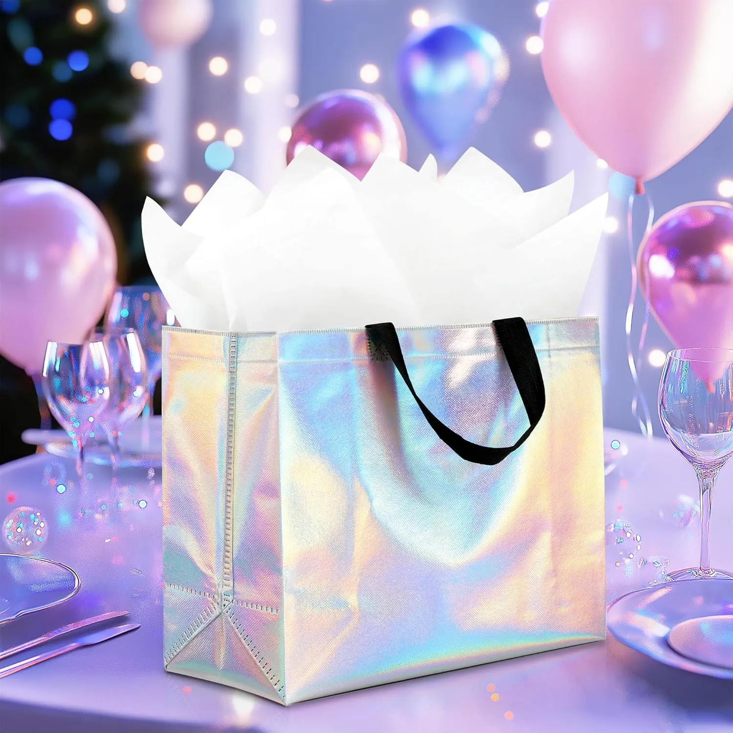 KeerxunBag 12Pcs Reusable Gift Bags（Includes Tissue Paper） Gift bag with handle Birthdays Parties Holidays Weddings Medium 13x5x11in Rainbow Color Gift Bags