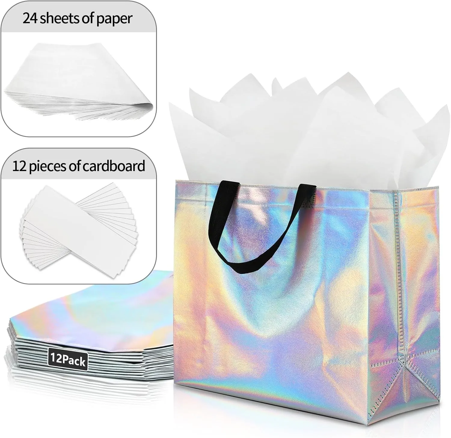 KeerxunBag 12Pcs Reusable Gift Bags（Includes Tissue Paper） Gift bag with handle Birthdays Parties Holidays Weddings Medium 13x5x11in Rainbow Color Gift Bags