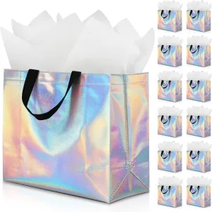 KeerxunBag 12Pcs Reusable Gift Bags（Includes Tissue Paper） Gift bag with handle Birthdays Parties Holidays Weddings Medium 13x5x11in Rainbow Color Gift Bags