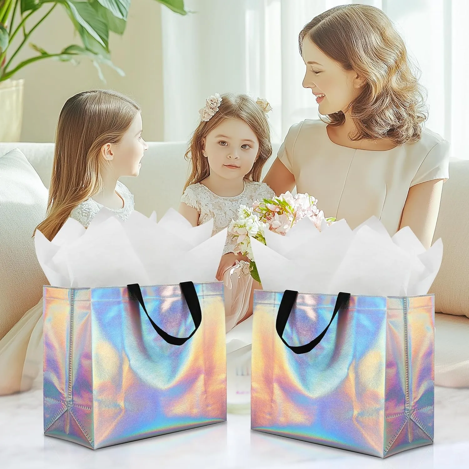 KeerxunBag 12Pcs Reusable Gift Bags（Includes Tissue Paper） Gift bag with handle Birthdays Parties Holidays Weddings Medium 13x5x11in Rainbow Color Gift Bags