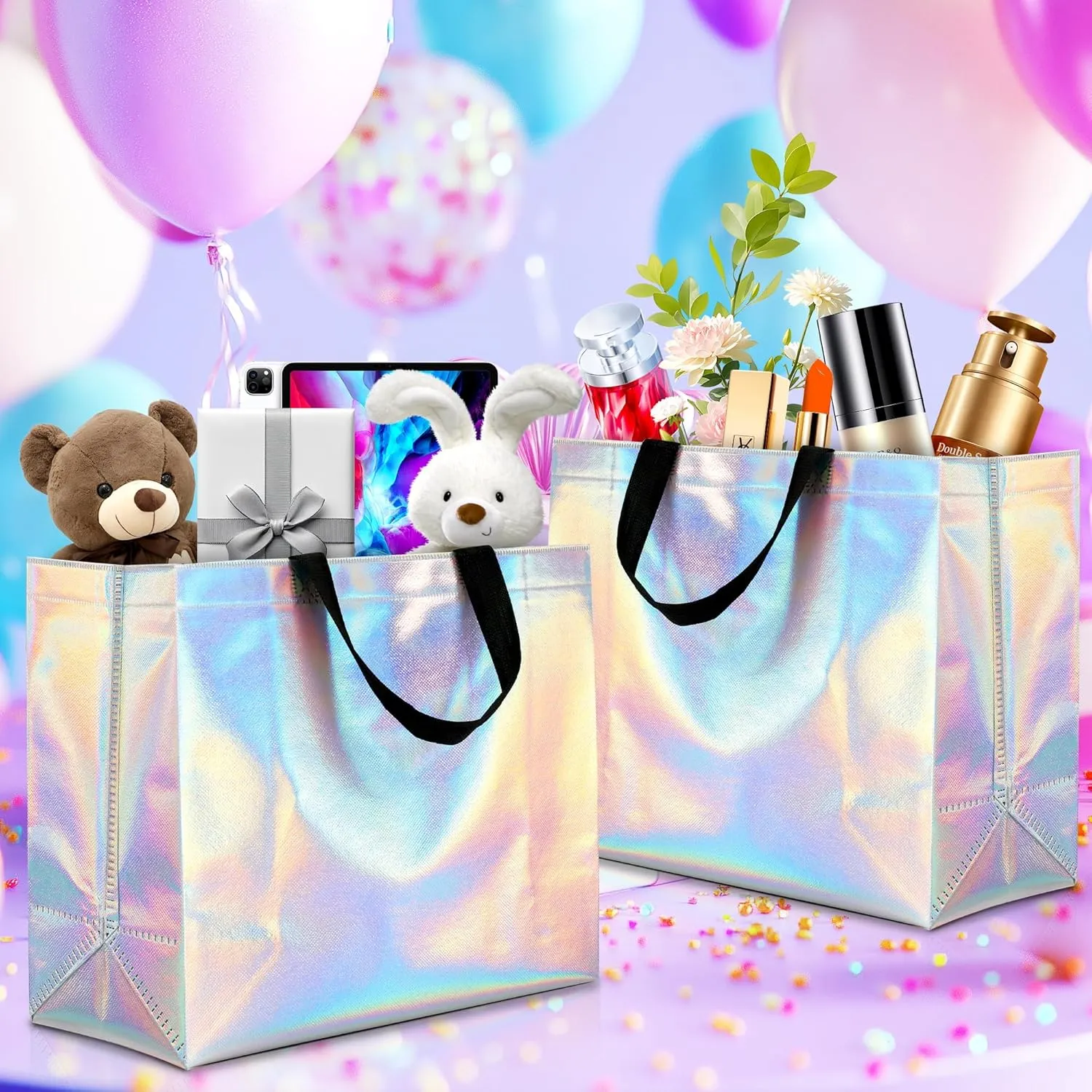 KeerxunBag 12Pcs Reusable Gift Bags（Includes Tissue Paper） Gift bag with handle Birthdays Parties Holidays Weddings Medium 13x5x11in Rainbow Color Gift Bags