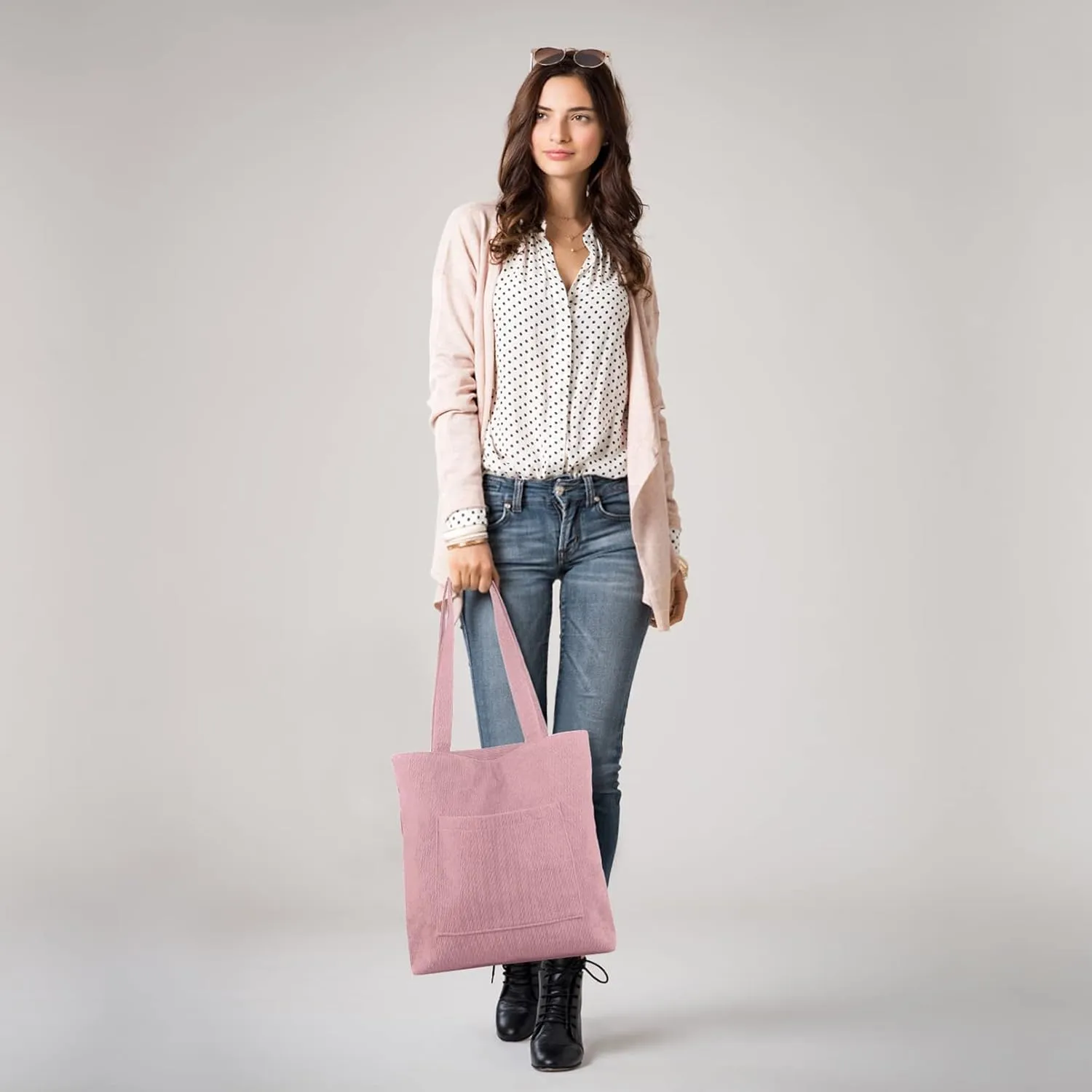 Kememo Corduroy Tote Bag with Zip, Shoulder Bag Women's Hobos Handbags Large Capacity Shopping Bag with Inner Pocket