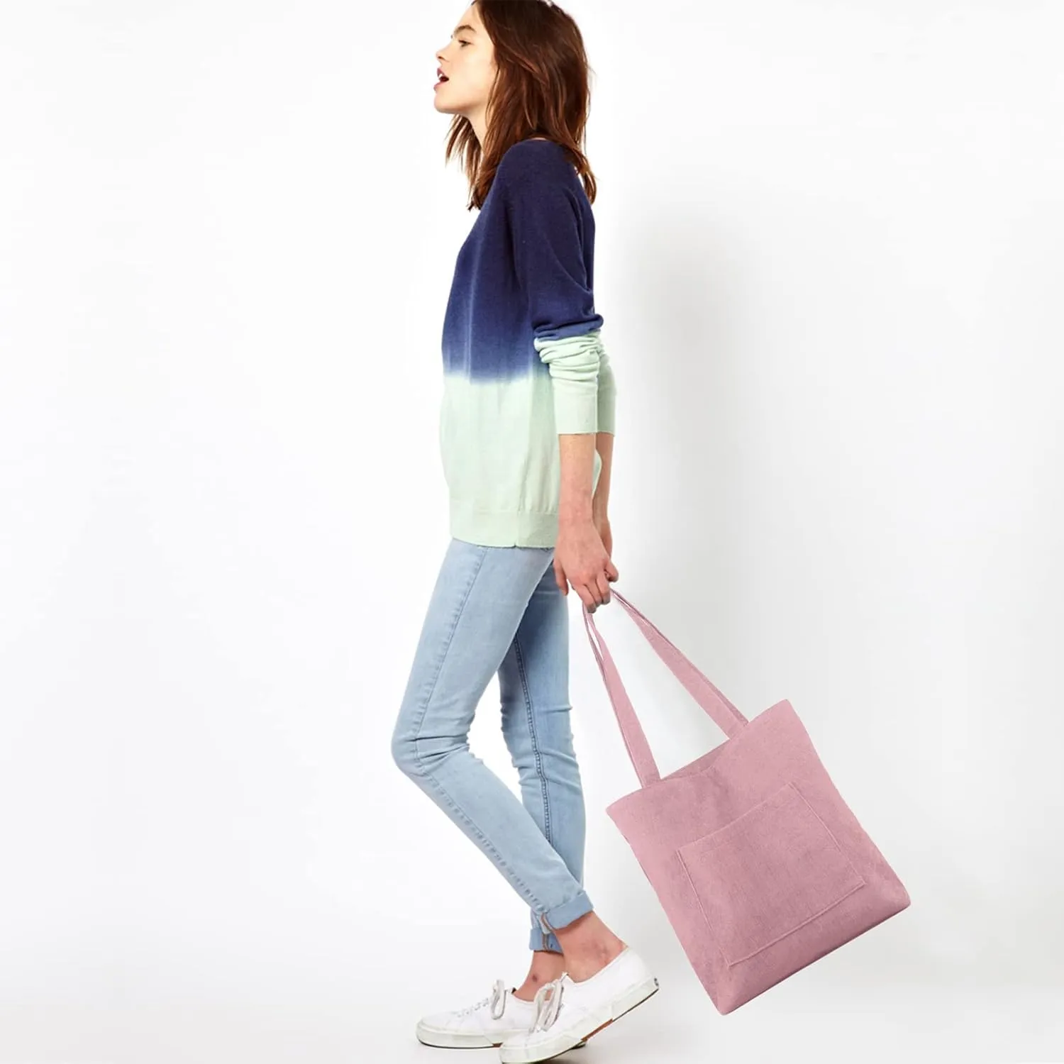 Kememo Corduroy Tote Bag with Zip, Shoulder Bag Women's Hobos Handbags Large Capacity Shopping Bag with Inner Pocket