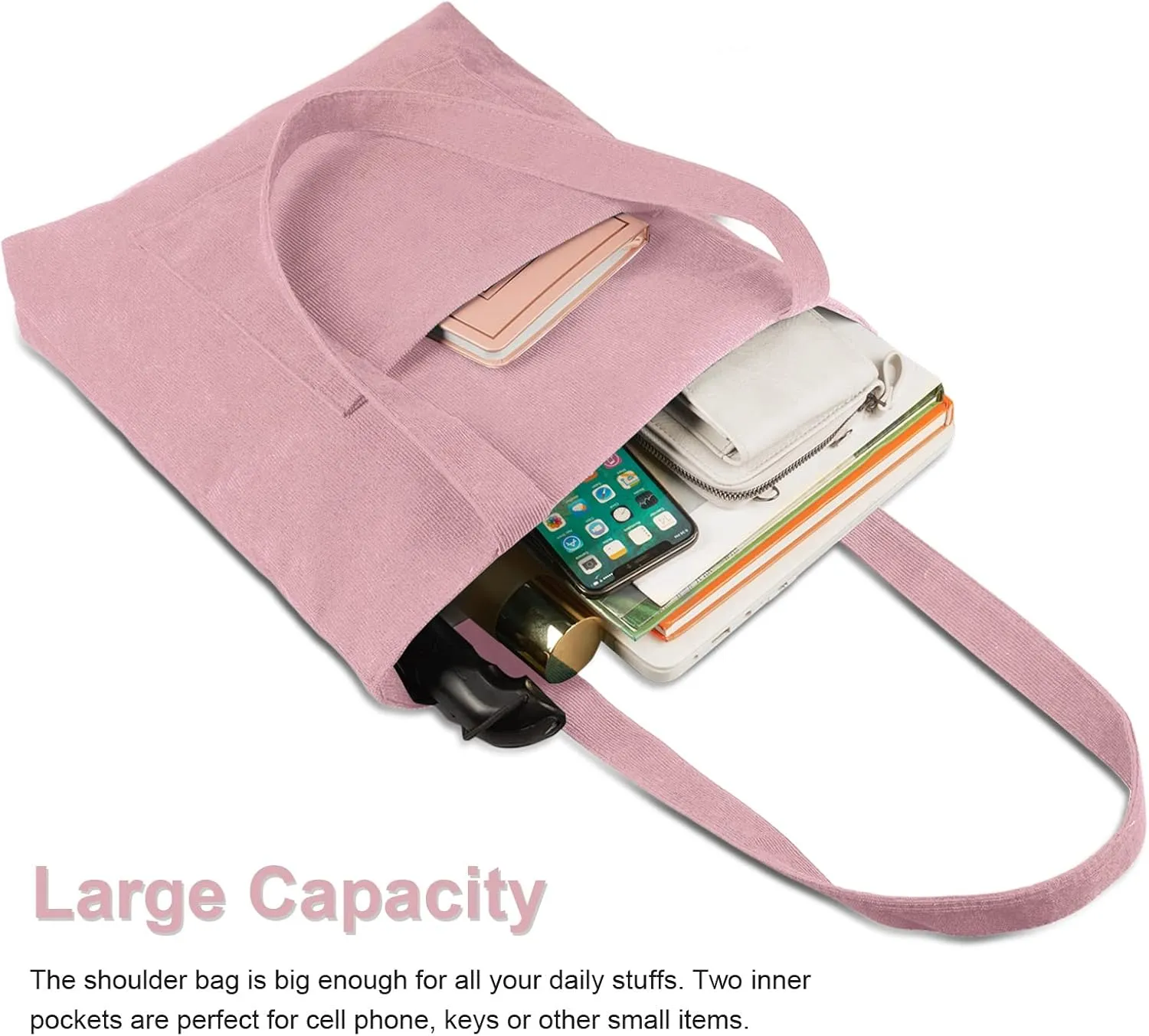 Kememo Corduroy Tote Bag with Zip, Shoulder Bag Women's Hobos Handbags Large Capacity Shopping Bag with Inner Pocket
