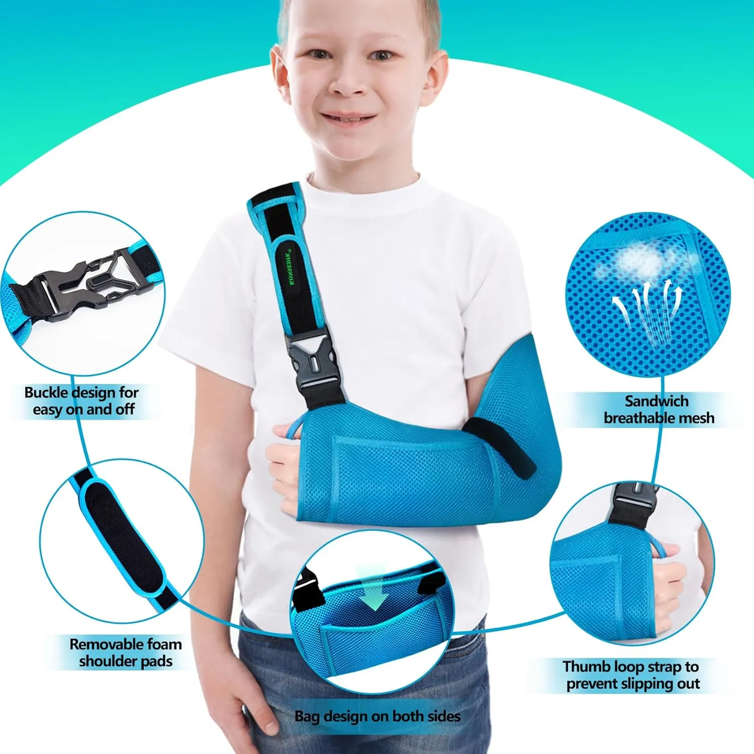 Kids Arm Sling for left and right,Breathable Kids Medical Shoulder Sling with pocket,for Pediatric Rotator Cuff Injury,Arm,Wrist,Elbow,Clavicle Fracture Post-Surgery(Blue,Small)