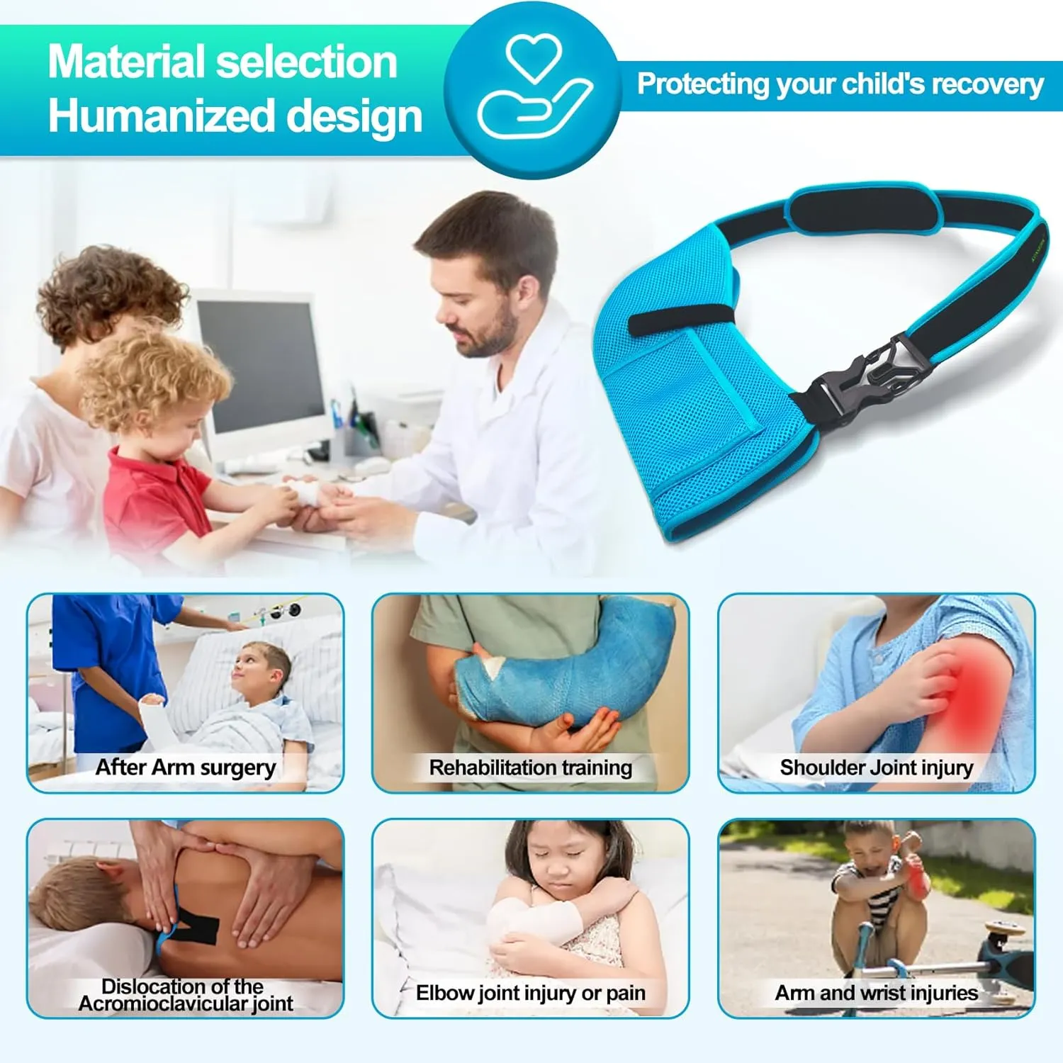 Kids Arm Sling for left and right,Breathable Kids Medical Shoulder Sling with pocket,for Pediatric Rotator Cuff Injury,Arm,Wrist,Elbow,Clavicle Fracture Post-Surgery(Blue,Small)