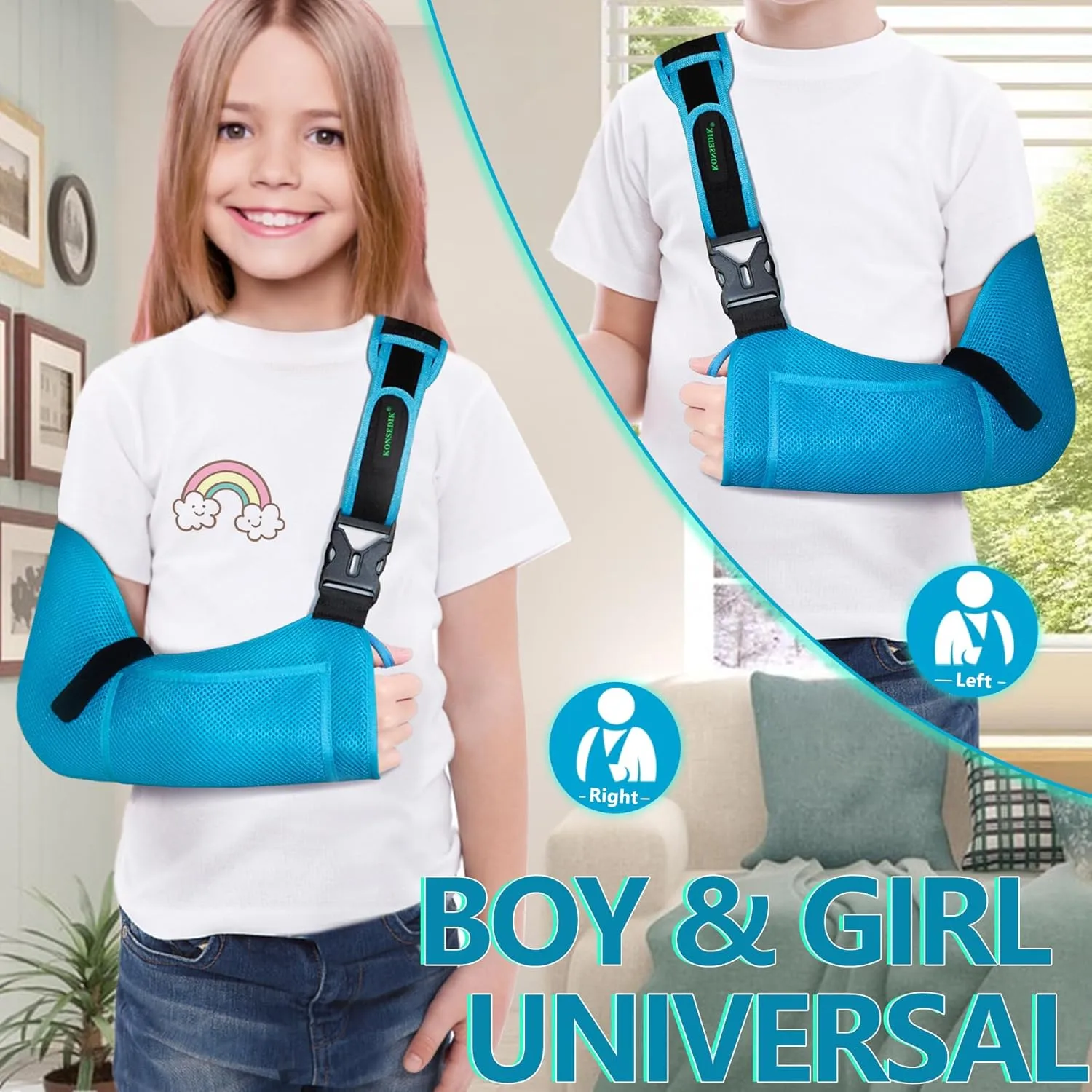 Kids Arm Sling for left and right,Breathable Kids Medical Shoulder Sling with pocket,for Pediatric Rotator Cuff Injury,Arm,Wrist,Elbow,Clavicle Fracture Post-Surgery(Blue,Small)