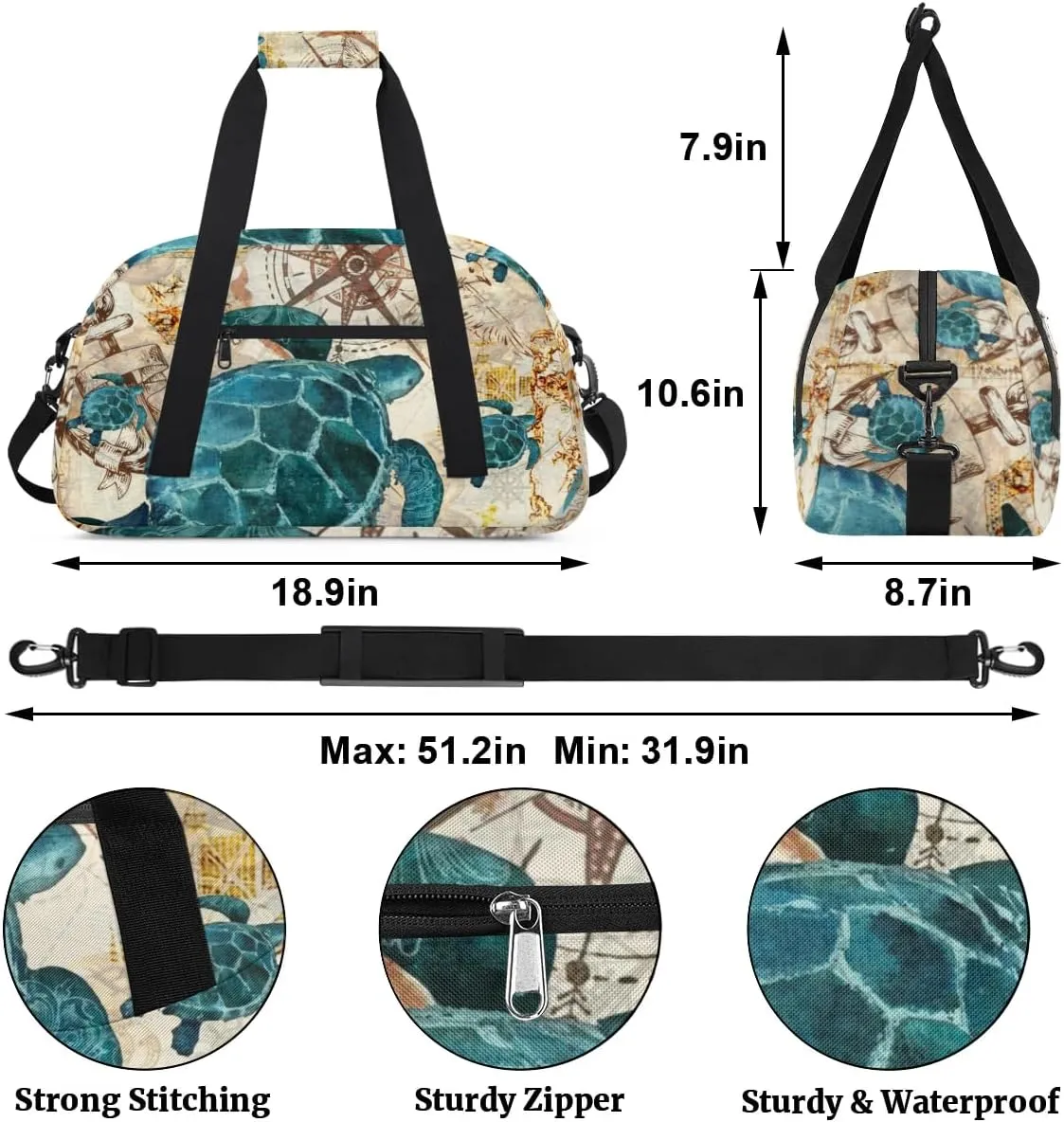 Kids Duffle Bag, Overnight Weekender Bag Travel Duffle Bag Carry-On Tote for Swim Sport Gym Bag for Boys Girls, Turtle