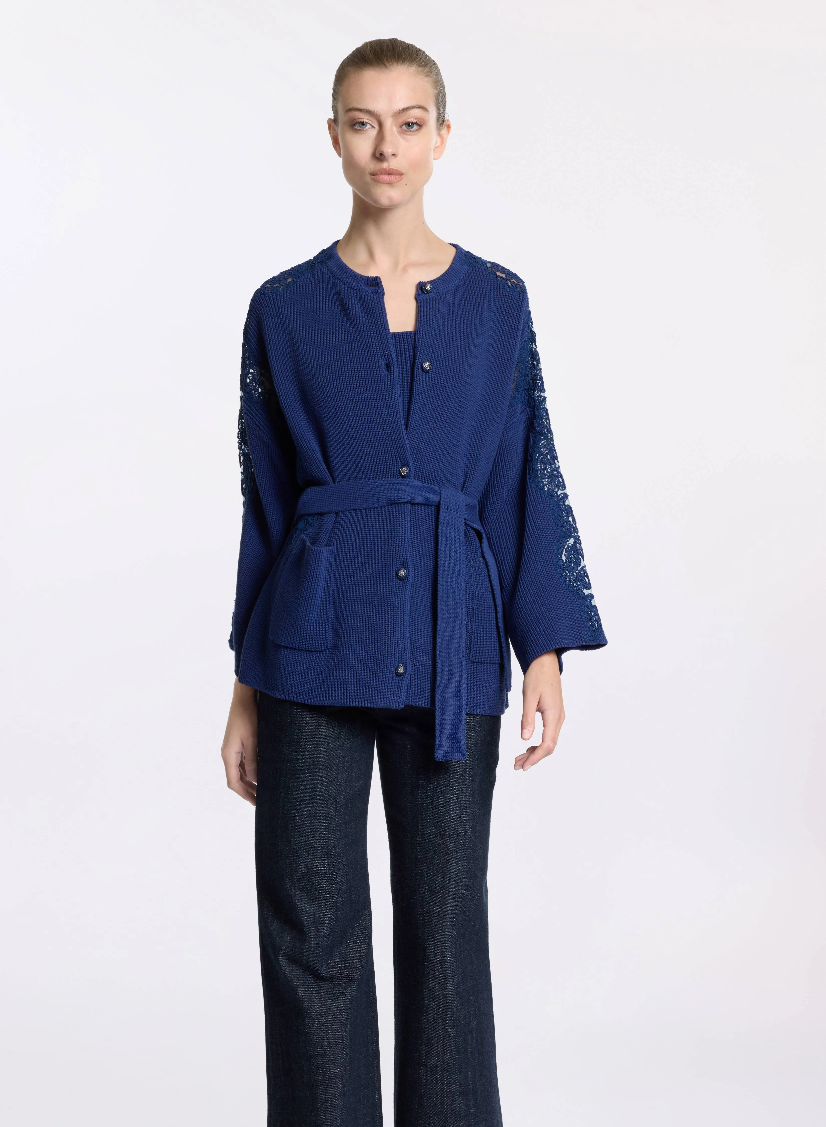 Knit Cardigan with Lace Inserts