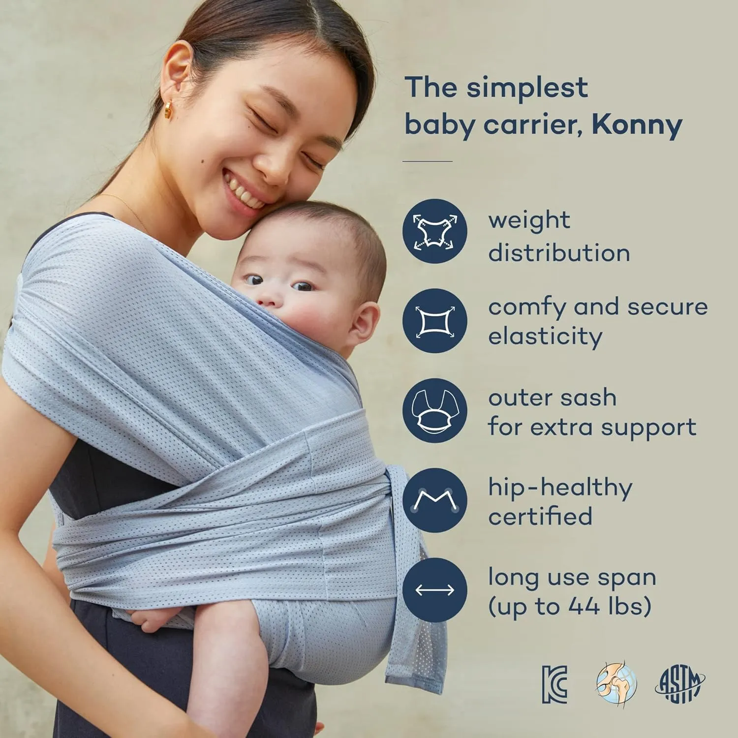 Konny Original Baby Carrier AirMesh for Cozy Luxury Baby Carrier Wrap, Easy to Wear and Wrap Baby Sling, Baby Wrap Carrier, Perfect for Newborn Babies up to 44 lbs, (Beige, XX-Small)