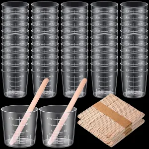 Konohan 200 Pack 2oz/60ml Plastic Mixing Cups Disposable Measuring Cups, Epoxy Bulk Clear Beaker with Graduated and Mixing Sticks for Resin, Laboratory, Liquid, Acrylic Paint Art, Medicine