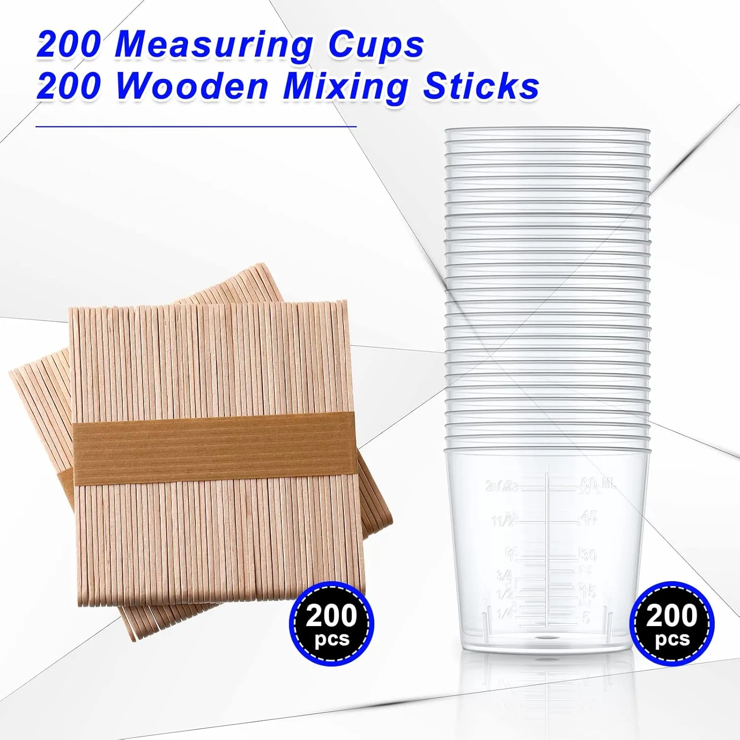 Konohan 200 Pack 2oz/60ml Plastic Mixing Cups Disposable Measuring Cups, Epoxy Bulk Clear Beaker with Graduated and Mixing Sticks for Resin, Laboratory, Liquid, Acrylic Paint Art, Medicine
