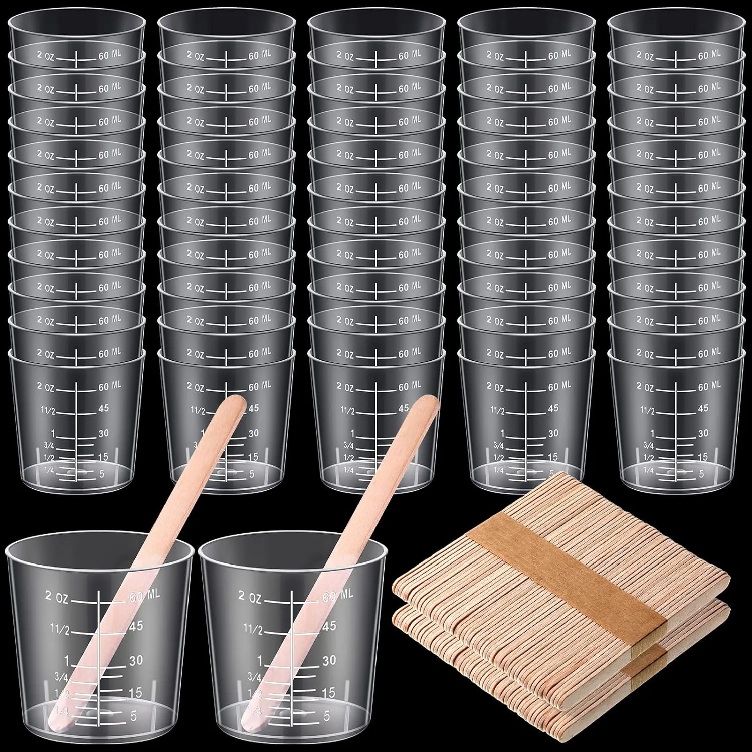 Konohan 200 Pack 2oz/60ml Plastic Mixing Cups Disposable Measuring Cups, Epoxy Bulk Clear Beaker with Graduated and Mixing Sticks for Resin, Laboratory, Liquid, Acrylic Paint Art, Medicine