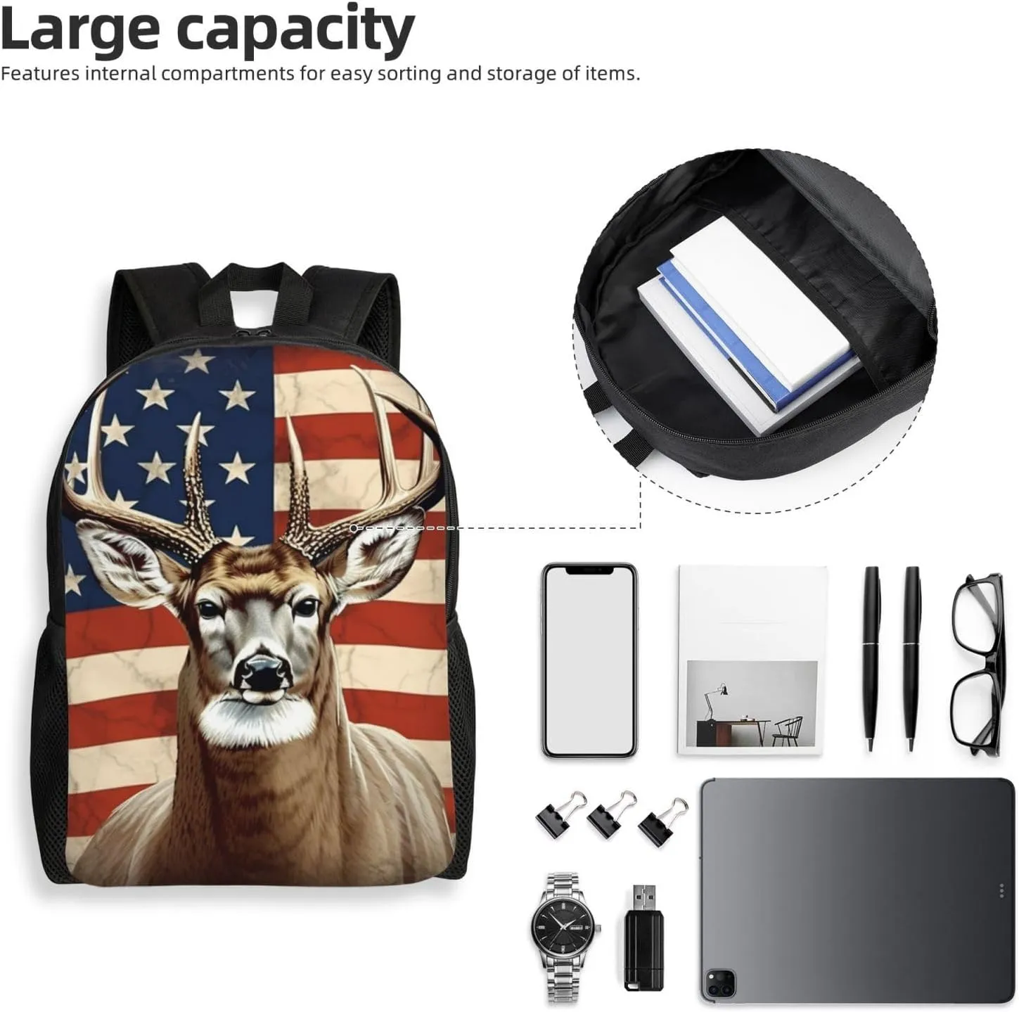 Laptop Backpack for Women Men Carry-on Backpack Americana Flag Deer Daypack Lightweight Travel Shoulder Bags