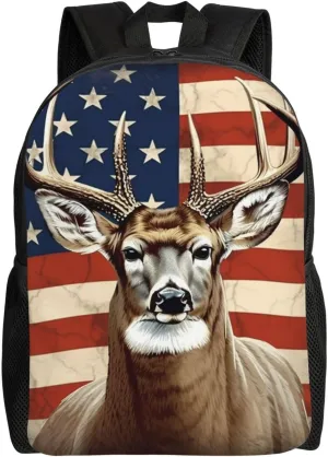 Laptop Backpack for Women Men Carry-on Backpack Americana Flag Deer Daypack Lightweight Travel Shoulder Bags