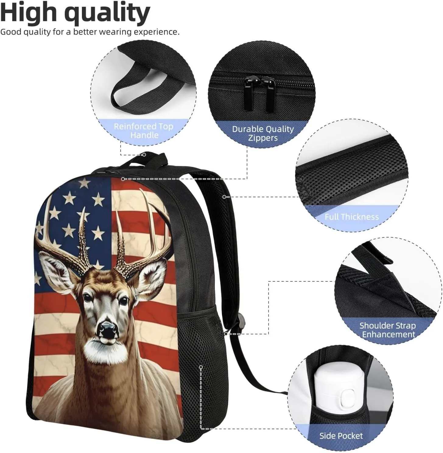 Laptop Backpack for Women Men Carry-on Backpack Americana Flag Deer Daypack Lightweight Travel Shoulder Bags