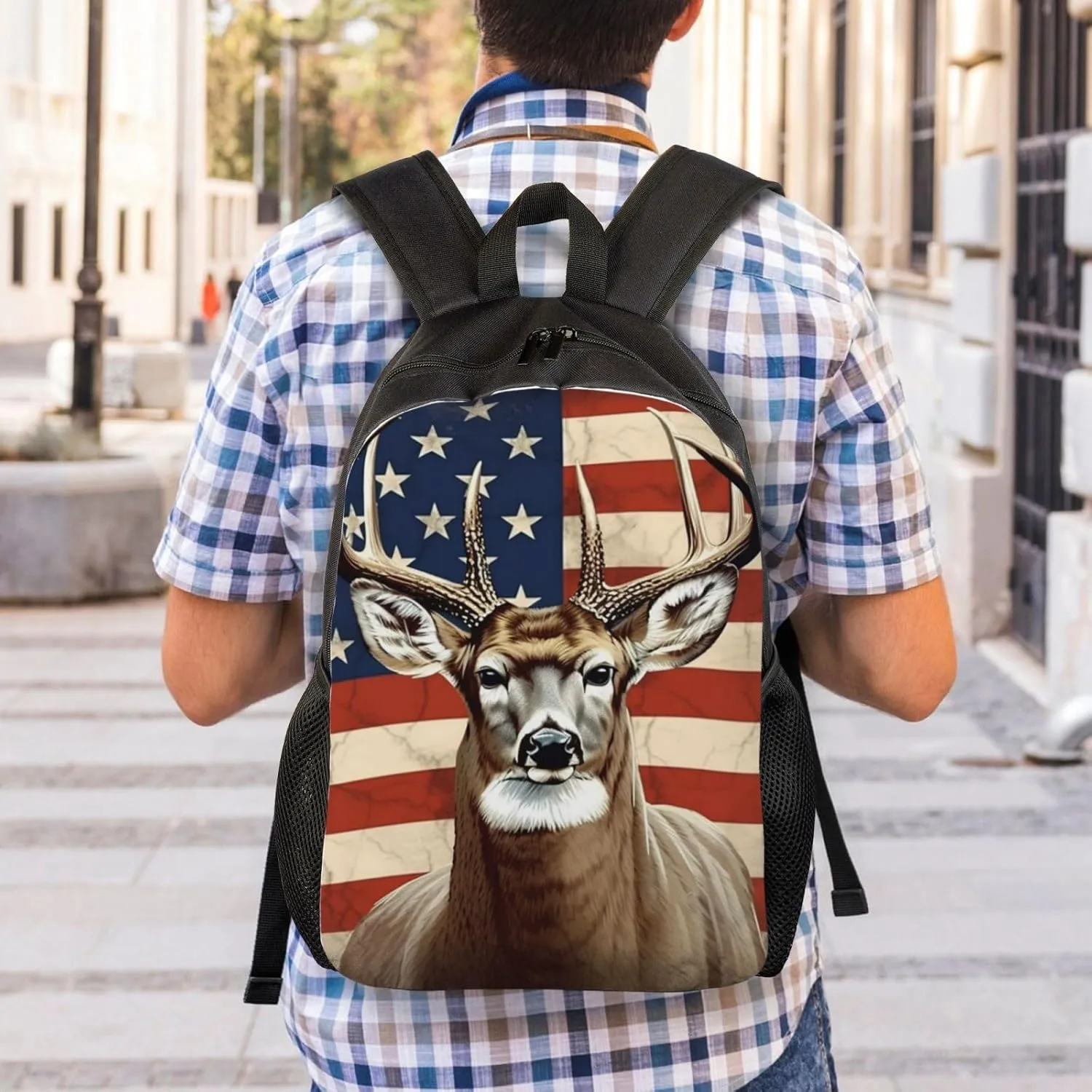 Laptop Backpack for Women Men Carry-on Backpack Americana Flag Deer Daypack Lightweight Travel Shoulder Bags
