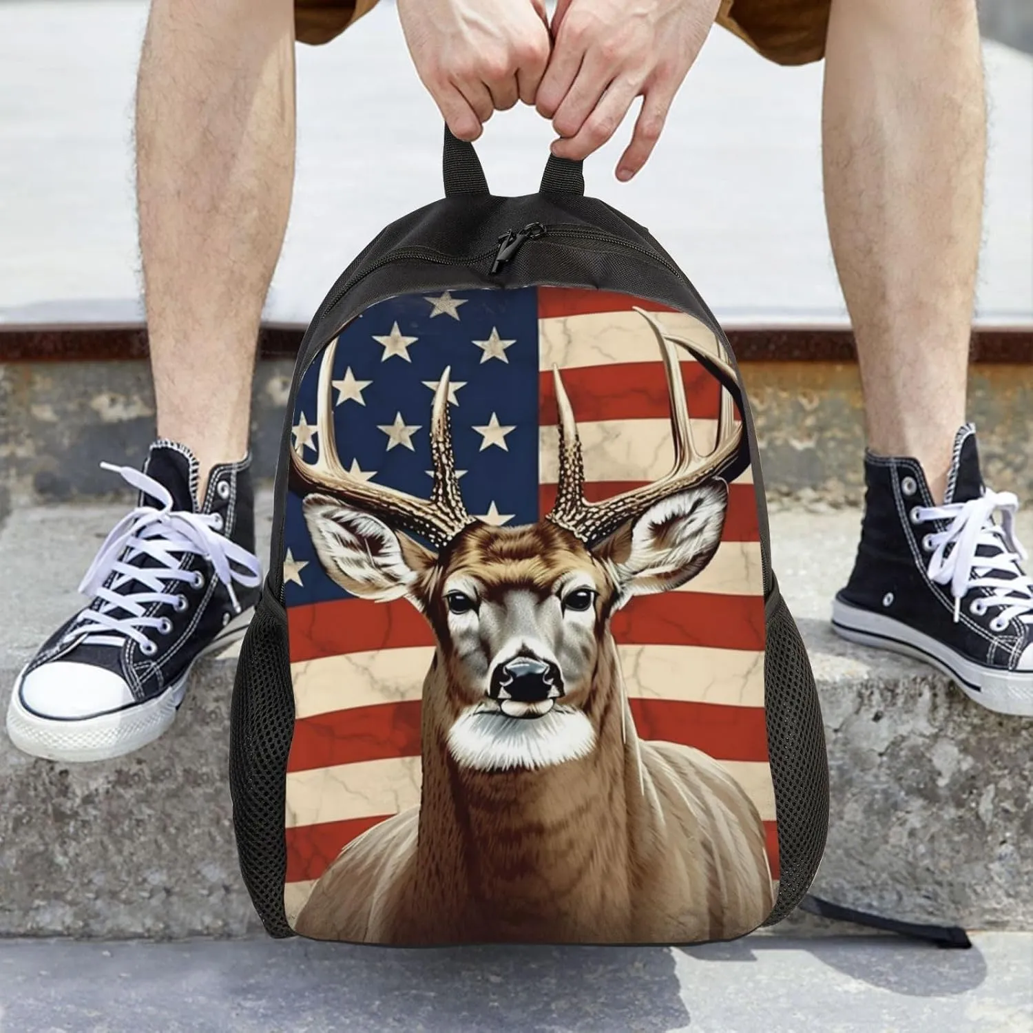 Laptop Backpack for Women Men Carry-on Backpack Americana Flag Deer Daypack Lightweight Travel Shoulder Bags